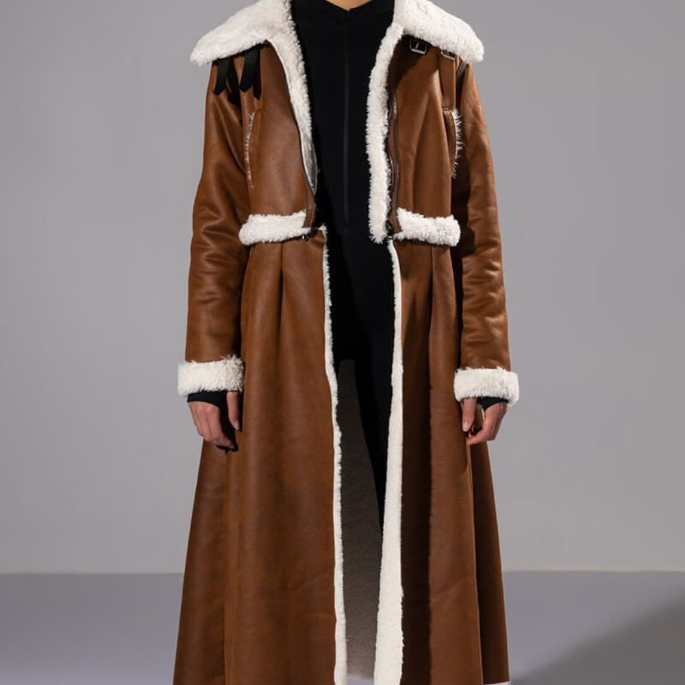 Miz Milk Chocolate Aviatrix Sherpa Lined Vegan Leather Convertible Trench Coat L - Picture 9 of 15
